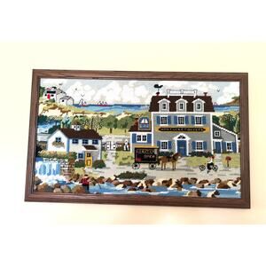 Vintage Charles Wysocki “Nantucket Breeze” Needlepoint Framed Coastal Folk Art